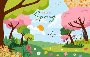 Spring landscape background with meadow and tree vector