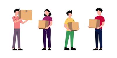Diverse Team Carrying Cardboard Boxes for Moving or Shipping vector
