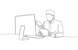 Continuous one line drawing of employee looking at work order document from boss, office working, suggestion for correcting work from supervisor concept, single line art vector