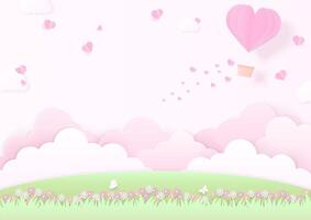 Heart balloon with cloud and meadow background vector