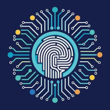 A human fingerprint integrated with circuit boards and data lines, symbolizing biometric security. vector
