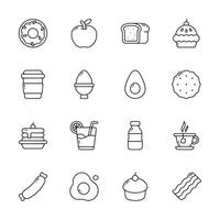 A set of food icons including a donut, a cup of coffee, a sandwich, and a banana vector