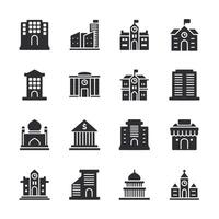 A collection of buildings and buildings with a clock on the side vector