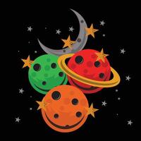three colorful planets and a moon with stars vector