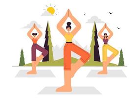 Mindful Yoga Retreat Illustration Featuring Meditation and Breathing Exercises in a Flat Style Background vector