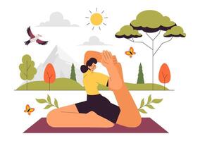 Illustration of a Yoga Retreat with Relaxation, Meditation, and Breath Control Exercises in a Flat Design vector