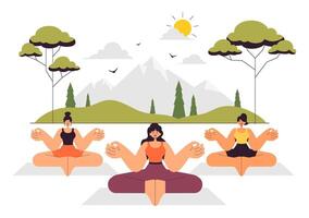 Illustration of a Wellness Retreat with Yoga, Meditation, and Breathing Practices in a Flat Background vector