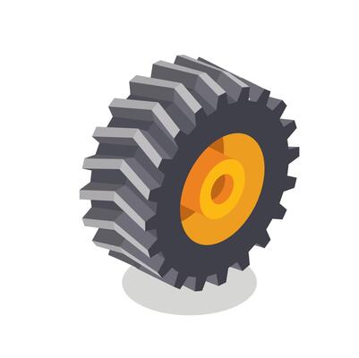 Isometric yellow tractor wheel. Icon on white background. Heavy truck wheel.