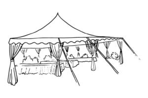 prepared tent with tables set up for guests without people - hand drawn line art sketch vector