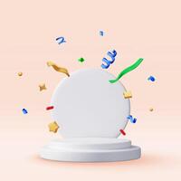 3D white podium with confetti isolated. Render stage mockup. Platform with confetti. Valentine day, birthday card, product display vector