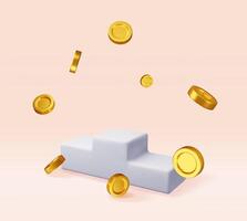 3D grey awards podium with flying coins isolated. Render stage for winners. Empty stage square podium. vector
