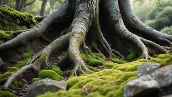 A tree root is surrounded by rocks and moss photo