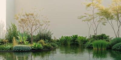 Serene Garden Pond Surrounded by Lush Greenery photo
