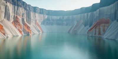Massive Open Pit Mine Transformed into Deep Water Reservoir Surrounded by Cliffs photo