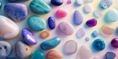 Flat Lay of Colorful Polished Sea Stones on Soft Gradient Background for Art and Design Projects. photo