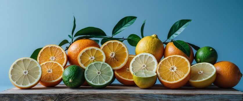Fresco agrios frutas rebanado en madera tablero con azul antecedentes foto