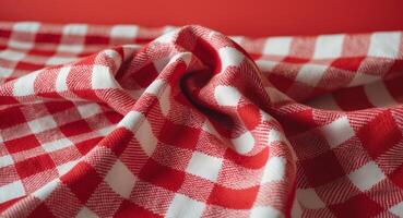 Red and white checkered tablecloth textile texture on a vibrant red background for backgrounds and design projects. photo