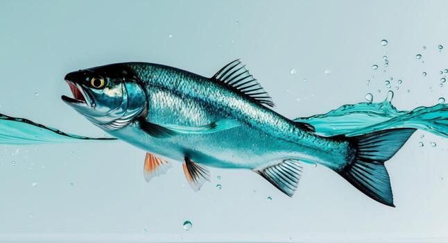 Fresco pescado saltando desde claro azul agua creando dinámica Mariscos producto bandera con vacío espacio para texto y promociones foto