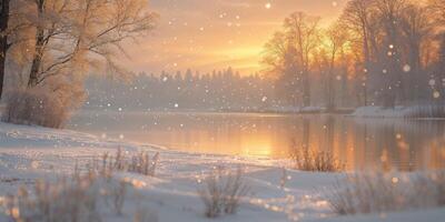 Capturing winter's golden hour at a serene lakeside through a lens in soft snow photo