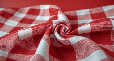 Red and white checkered tablecloth textile texture on a vibrant red background for backgrounds and design projects photo
