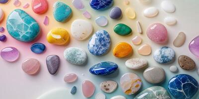 Flat Lay of Colorful Polished Sea Stones on Soft Gradient Background for Art and Design Projects photo