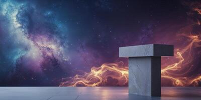 Stone podium with glowing ember accents in a cosmic nebula backdrop. photo