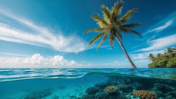 Underwater split shot captures a palm tree above and coral reef below with vibrant sky in tropical location photo