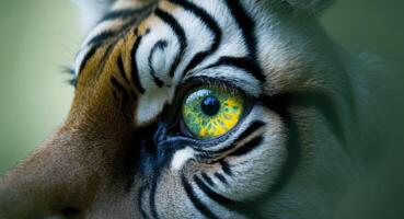 A close up of a tiger's eye with a green background. photo