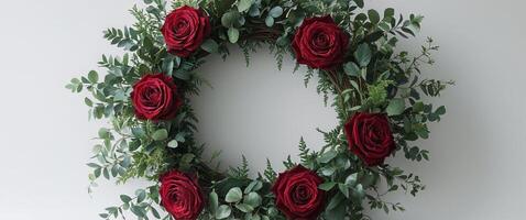 Charming wreath adorned with red roses and greenery for decoration. photo