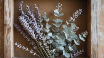 Lavender and Eucalyptus Frame on Rustic Background photo