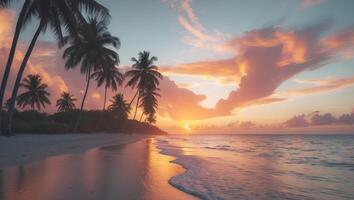 Serene tropical sunset over beach with palm trees and vibrant colors illuminating the sky and reflecting on calm ocean waters. photo