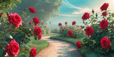 Enchanting pathways lined with blooming red roses create a serene garden experience during a sunny afternoon walk. photo