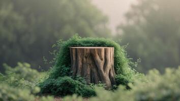 Natural tree trunk podium surrounded by lush green foliage. photo
