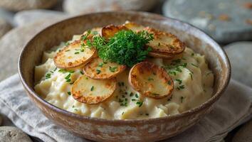Creamy Potato Casserole Topped with Crispy Slices of Golden Potatoes and Fresh Green Herbs Served in a Rustic Bowl on a Stone Background. photo