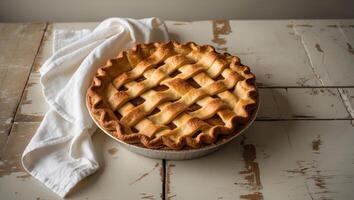 Golden Brown Homemade Pie with Lattice Crust Freshly Baked on Rustic Table with Kitchen Towel Beside It. photo