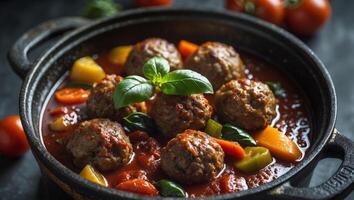 Savory meatballs simmered in rich tomato sauce with vibrant vegetables and fresh basil in a black pot on dark background photo