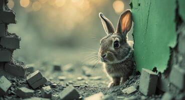 Curious rabbit peeks through a torn green wall discovering a new world. photo