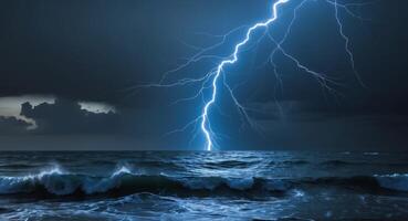 A Majestic Lightning Bolt Illuminates the Dark Ocean Below Creating an Awe Inspiring Contrast of Nature's Power and the Tranquility of Water. photo