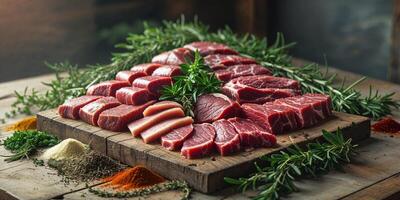 Assorted Cuts of Fresh Red Meat Displayed on Wooden Boards Surrounded by Spices and Green Herbs in a Rustic Setting for Culinary Inspiration photo