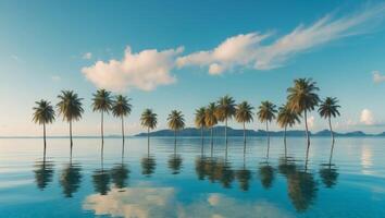 Tropical islands with palm trees reflect in calm waters under a clear sky and distant silhouettes of other islands in the horizon. photo