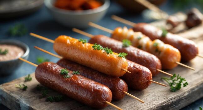 de chuparse los dedos dulce y sabroso salchichas en brochetas con inmersión salsa. foto