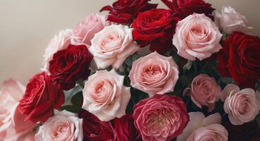 Layers of velvet blooms creating a stunning display of red and pink roses in soft textures and delightful hues. photo