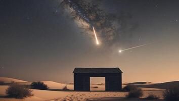 Nativity Silhouette of Stable Under Starry Sky with Bright Comet in Peaceful Desert Scene photo