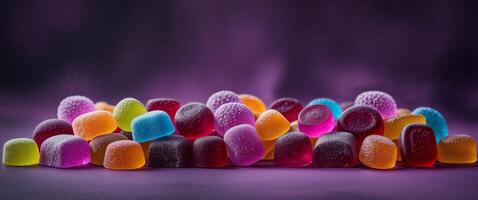 Vibrant assorted gummy candies arranged on a smooth purple backdrop for enticing confectionery visuals photo