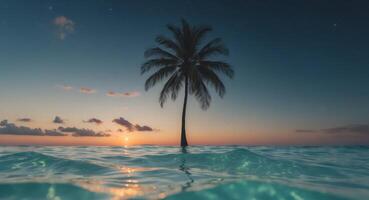 Serene underwater split shot of a lone palm tree in tranquil waters during twilight hours photo