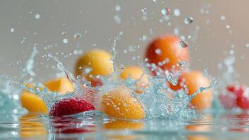 Fresh Fruits Splashing in Water for a Refreshing Display. photo