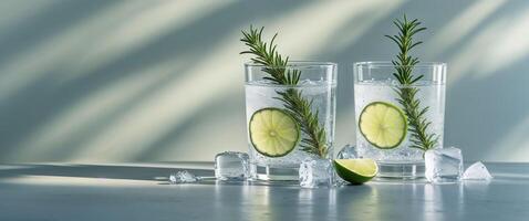 Refreshing sparkling water with lime and rosemary in glasses on ice photo