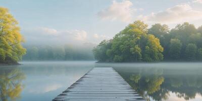 Tranquil wooden dock by a misty lake surrounded by lush trees under a serene sky photo