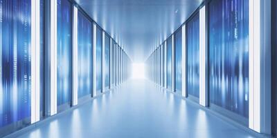Futuristic digital corridor with vibrant screens and glowing lights. photo