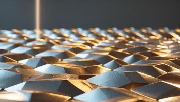 Abstract background showing golden hexagons forming a futuristic textured surface with light reflections. photo